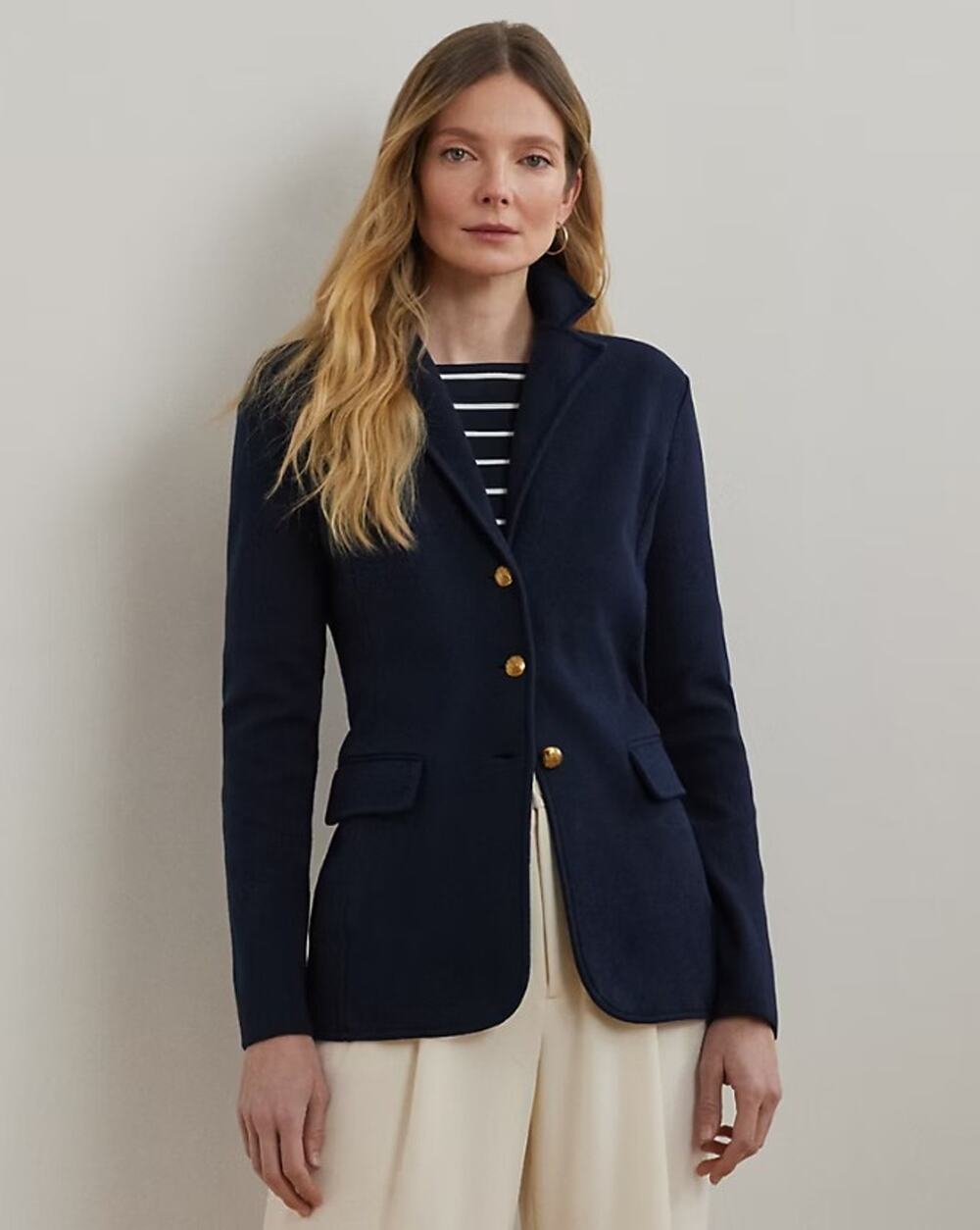 LAUREN RALPH LAUREN Navy Sweater-Knit Cotton-Blend Blazer XS